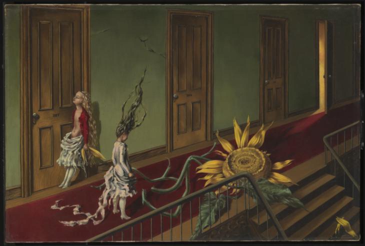 2/ Eine Kleine Nachtsmusic, by Dorothea Tanning (1943). 'It's about confrontation', Tanning said of this tiny picture that packs a big wallop. The little girls are her. The sense of endless wandering comes from a dream. The spooky sunflower on the stairs is a masculine presence.
