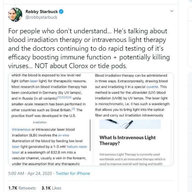 7/ Another, highly retweeted non anonymous account and verified account is  @robbystarbuck . He clearly knows Trump's mind more than Trump himself. Our old friend  @cjtruth makes an appearance too, sharing the same medical article. (Of course the irony is not lost one me that