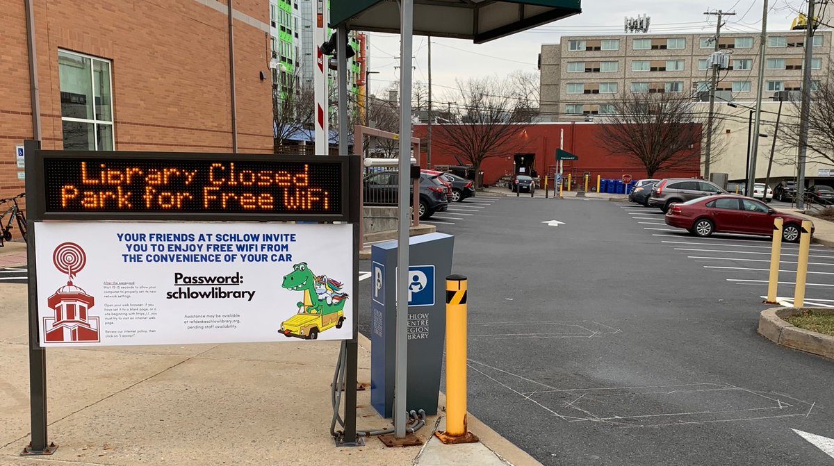 SchlowLibrary's tweet photo. #WiFi is available in our parking lot 24/7 while our building is closed. Spaces are limited and to protect everyone’s health, please stay in your own vehicle. Email refdesk@schlowlibrary.org for #WiFiHelp & we’ll answer asap. Visit https://t.co/a5IjJJP8iO for our latest updates. https://t.co/tuaW5Yiewr