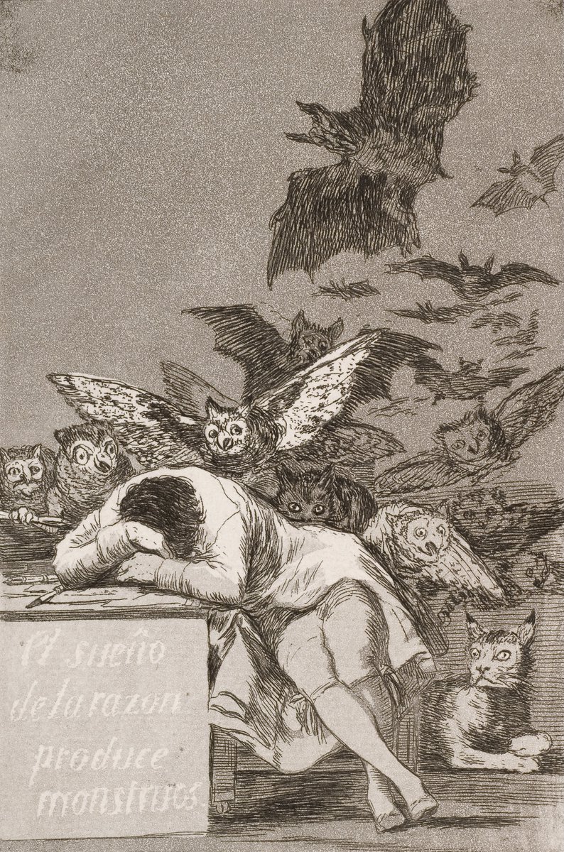1/ The Sleep of Reason Produces Monsters , by Goya (1799). The opening plate of Goya's Caprichos is a self-portrait. Goya has fallen asleep at his desk, and while he slumbers, the contents of his imagination have escaped from his head, and out into the world.. So step carefully..