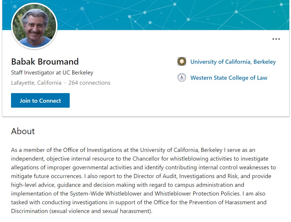 So who is Special Agent Babak Broumand and who is he connected to?Well when he left the FBI in January 2019, he landed in a very nice post as University of California at Berkeley investigating Whistleblower complaints...