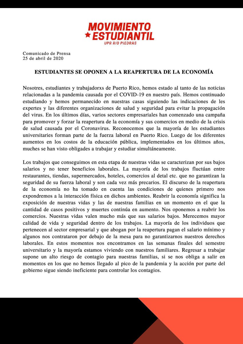 MEUPRRP's tweet photo. Como ME de UPR Río Piedras nos oponemos a la reapertura de la economía en su totalidad. Esto es irresponsable y negligente. Lxs trabajadorxs son quienes exponen su vida y todo para enrriquecer a lxs de arriba mientras les pagan una miseria. #SoloPruebanQueNosMienten https://t.co/DmZEAzjHwR