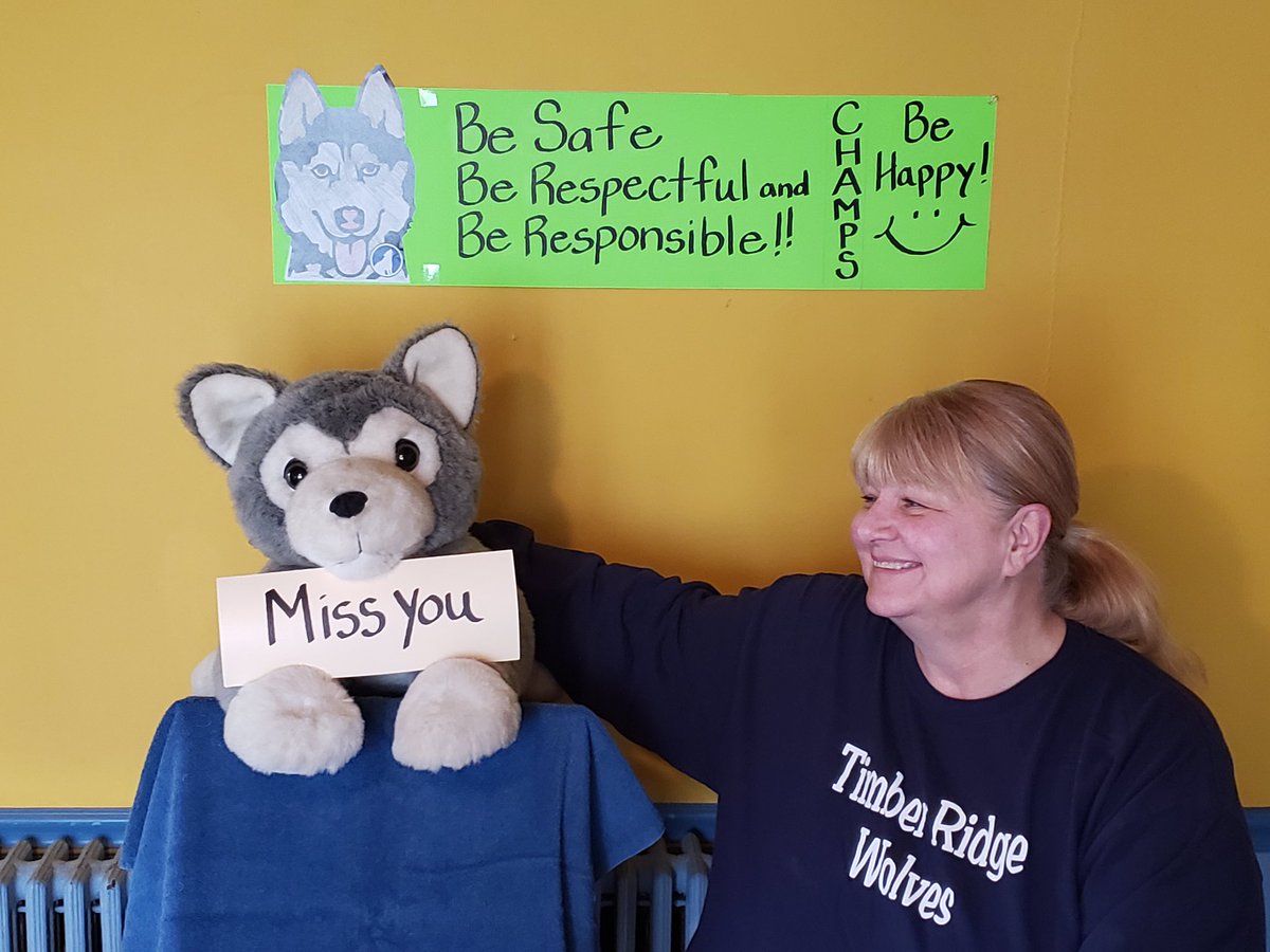 TR_PBIS's tweet photo. We wrapped up our virtual spirit week yesterday with the theme: We miss @TimberRidgeEdu ! We wore spirit wear or blue and tried our best to draw  the Timberwolf! Ms. Deb had a conversation with him and realized he misses us too! @NSSEO_org #PBIS https://t.co/Ge7O2VFXpB