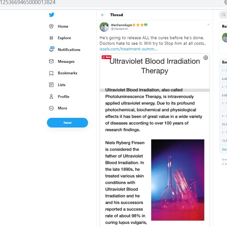 9/ Other popular tweets include this one, which got a thousand lights. The account in question  @wardamn5 seems to suggest that there is a conspiracy of doctors trying to prevent people getting cures. But the saviour Trump will put an end to that!  #Covid_19