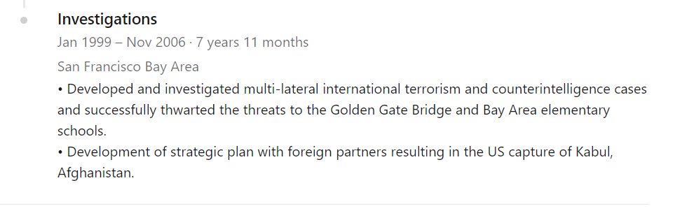 Before that he spent 20 years with the FBI staying in the San Francisco area he entire career. While using some of it to line his pocket taking pay offs for information to help organized crime evade FBI investigations. His focus national security cases, terrorism & counterintel.