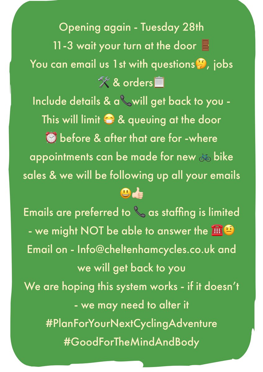 cheltenhamcycle's tweet photo. EXCITING #Yes
NEXT week we will be opening again 😁
Trading details below
#SomeThingToPlanFor #DreamingOfBikes
#Glosbiz @CheltenhamBID @OurChelt #Cheltenham
#Gloucester #Cotswolds #Tewkesbury https://t.co/0rRv7dusHG