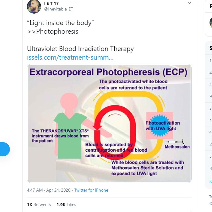 10/ Here's another one of the accounts implying Trump of course is promoting extracorporeal photopheresis. I mean if Trump wanted to say Extracorporeal photopheresis, I am sure he would have said it right...This account is another Qanon type..