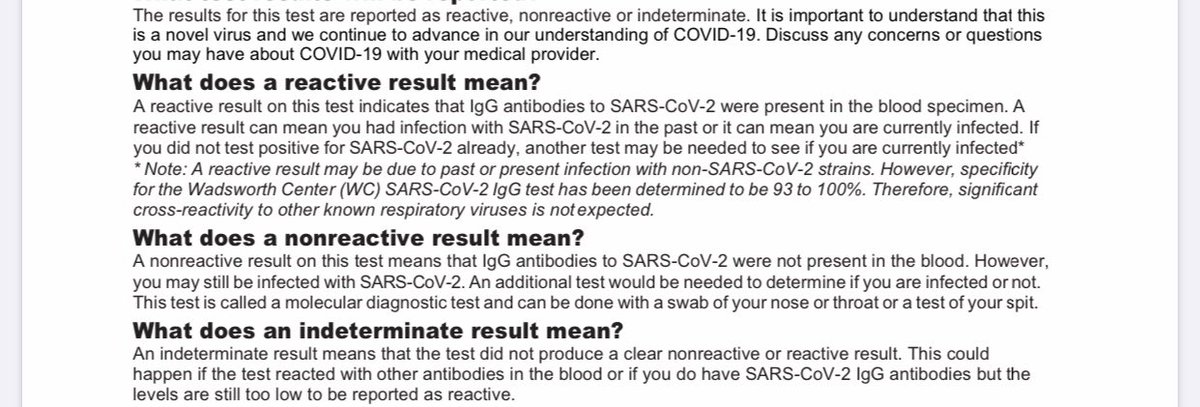 2/ Further, the test has three categories of results - positive, negative, and indeterminate- meaning some evidence of antibodies but not a fully positive finding. Indeterminate results are also evidence of exposure. Why didn’t the state report them?  https://coronavirus.health.ny.gov/system/files/documents/2020/04/updated-13102-nysdoh-wadsworth-centers-assay-for-sars-cov-2-igg.pdf