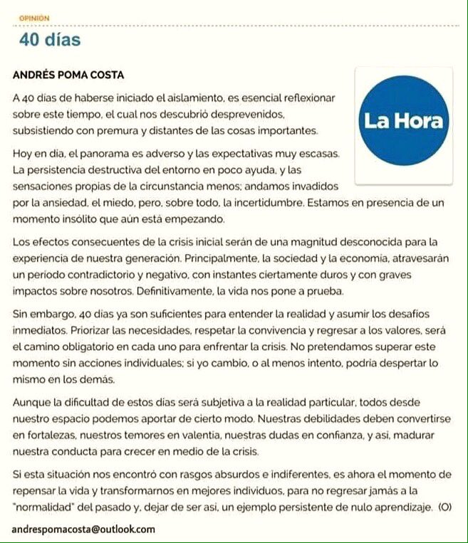 A 40 días de haberse iniciado el aislamiento, reflexionar es necesario. Sobre esto, mi artículo de hoy en <a href="/lahoraecuador/">La Hora Ecuador</a>.

#Loja #EcuadorEnCrisis #COVID19ec #cuarentena #valores #opinión #25A