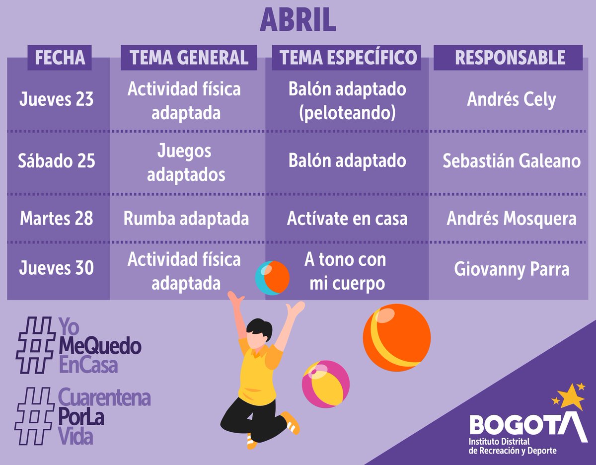IDRD's tweet photo. La actividad física es para todos 🧔👩👦👧🧓👴 Por eso el programa de Recreación Incluyente del #IDRD invita a participar desde casa de nuestras actividades adaptadas para la población con discapacidad, sus familias y cuidadores hoy sábado a las 10:30 am por Facebook Live. https://t.co/hEQlHHWzy1