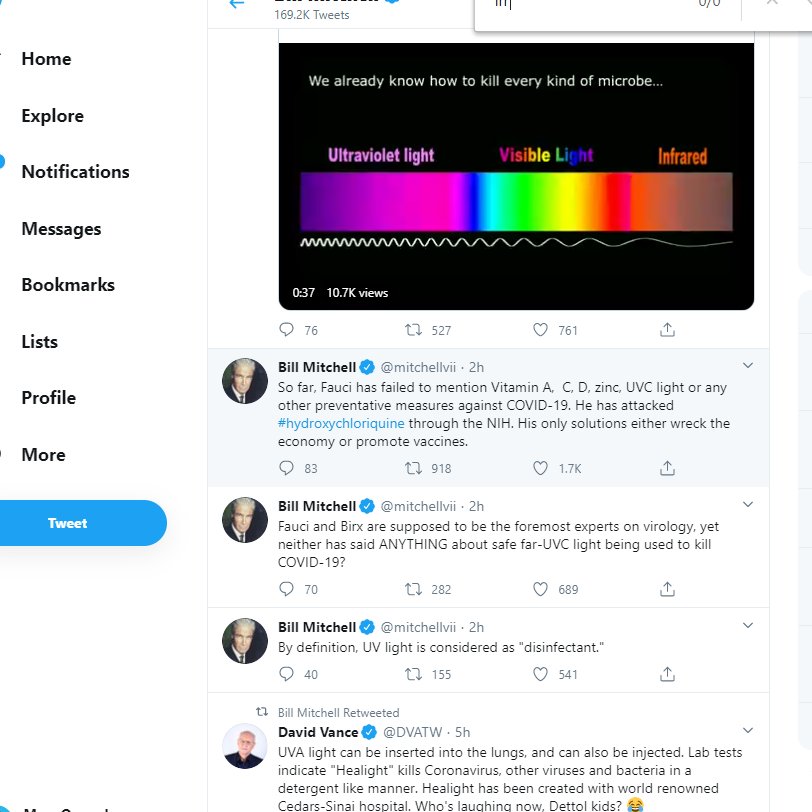 13/ There are a few verified accounts involved in the discussion. This widely followed  @mitchellvii fella seems to imply that Big Pharma might be hiding UVC therapy. Watch out Big Pharma. Also Fauci does not escape Bill's rancour -cos Fauci is advocating science, but not the