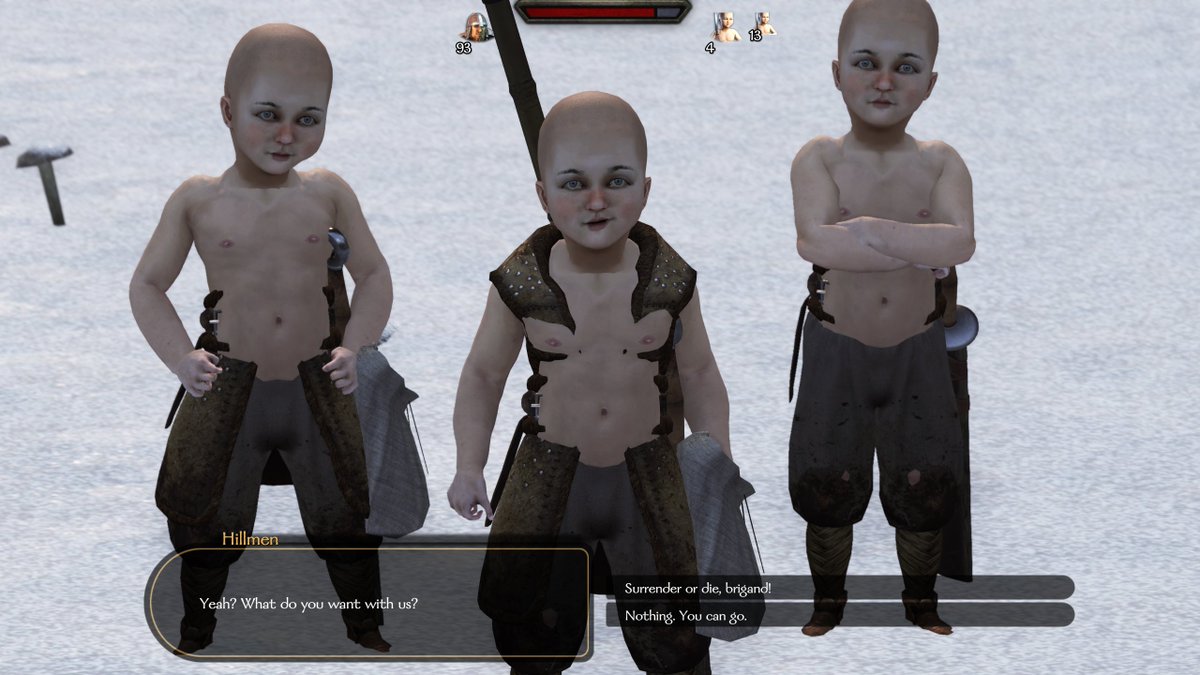 Minoxen's tweet photo. @Mount_and_Blade
 Well, If my town were being harassed by these mountain bandits I'd be desperate for help as well!  Had a good laugh when I encountered these little guys! #earlyaccess https://t.co/QGi0hmWK8v