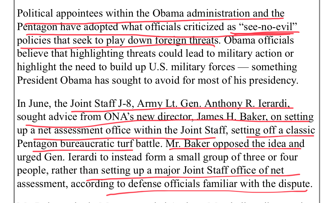 The ONA deliberately downplayed threats in the Obama years. Their intel was worthless. The pentagon did their own. ONA didn’t like the competition, and so there was a turf battle in the late summer/early fall 2016
