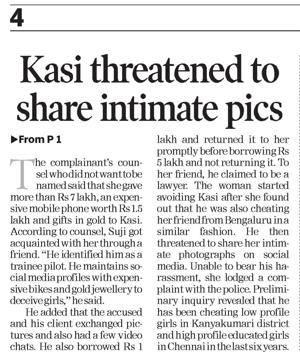 AnanthStartupTN's tweet image. Man from #Kanyakumari held for #blackmailing and #extorting money from women. Most of his victims are from #Chennai

m.timesofindia.com/city/madurai/m…

@timesofindia @kumari_police