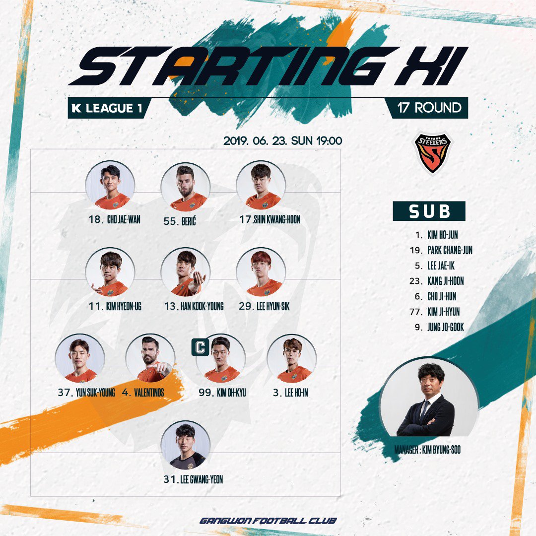 kleague's tweet photo. 📋 LINE-UPS | @gwfc2008🐻 🆚 @pohangfc⚙️ 
⚽️ 2019 #KLeague 1 R17
⌚️ 7:00pm KST
📺 @kleague 
📰 Preview: https://t.co/eqMR1pozok

#KClassics | #K리그 | #GANvPOH https://t.co/UIdxvQ0zCE