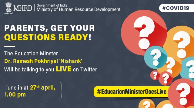 EduMinOfIndia's tweet photo. Worried about your kid's academic future because of #CoronaOutbreak?
#lockdown taking a toll on their mental health?
Parents, Education Minister @DrRPNishank is all set to answer your queries.

Send your questions in the comments below! Use #EducationMinisterGoesLive https://t.co/MCqTjYTvZ5