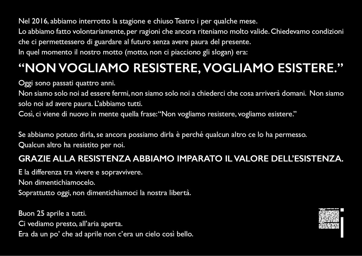 teatro_i's tweet photo. Buon 25 aprile!
👉https://t.co/fvNKXqj585 https://t.co/r6l57Ovk5U