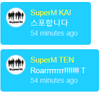  #KAI : spoiler alert *2x* #BAEKHYUN   : The tiger in you *2x* #KAI : We'll perform jopping tomorrow #KAI : spoiler alert #TEN : Roarrrrrrrr!!!!!!! T