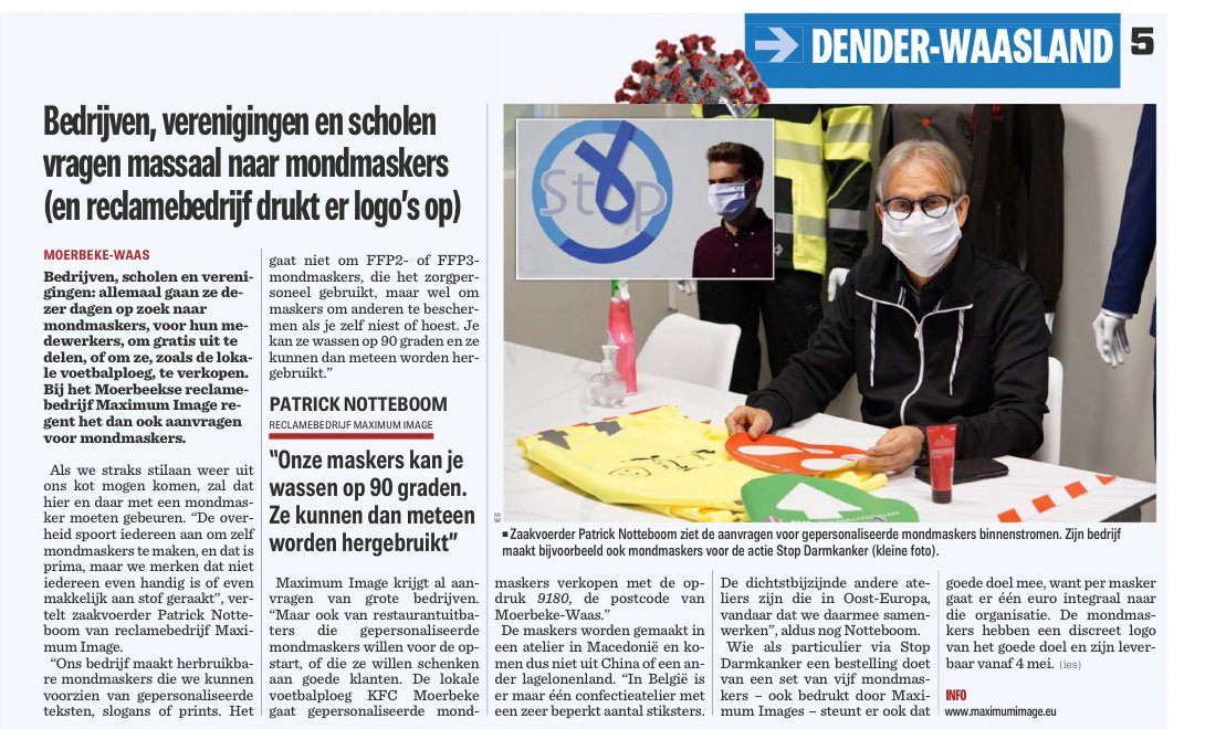 LucColemont's tweet photo. Onze @StopDarmkanker mondmaskers in @Nieuwsblad_be
Nu bestellen=11 mei leverenπ
(1ste voorraad al uitverkocht)
Opbrengst van eerste 1000 maskers schenken we aan βzorgsectorβ π
#solidariteit #coronovirus π¦
Txs #MaximumImage
https://t.co/QrUnqIlgBV https://t.co/HYSAMhuePl