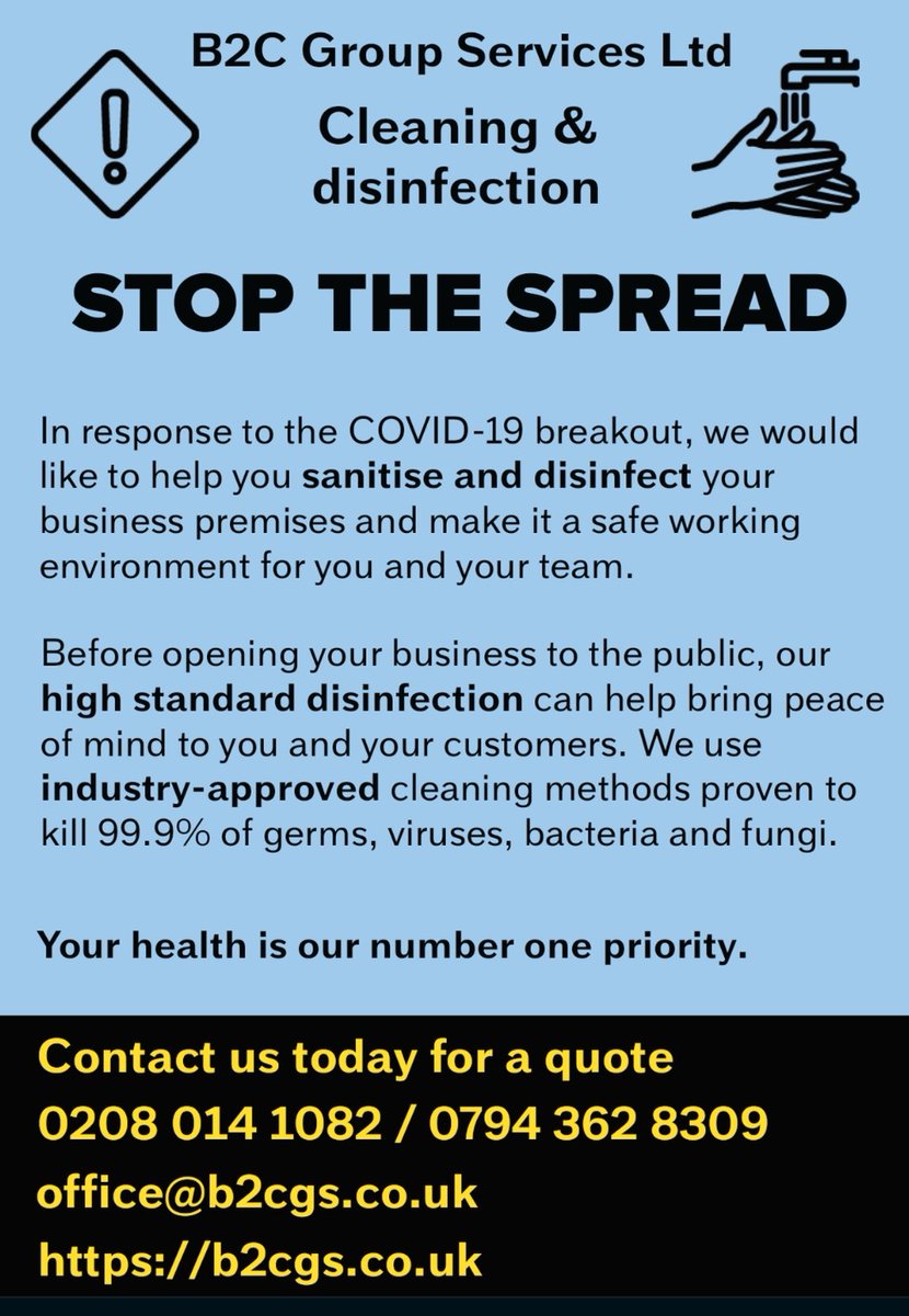 We are here to help disinfect your business premises. Contact us today on 0208 014 1082.  #coronavirus #disinfect #business #Health #Covid_19 #UKlockdown pic.x.com/khGYu81mAX