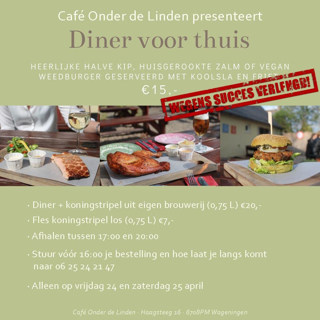 Geniet van de lekkerste kip 🍗 en heerlijkste huisgerookte zalm 🐟 of de vegan burger 🍔 incl KOUDE Koningstripel 👑 en /of Wagenings blond 🍺 App je bestelling en ophaaltijd naar Rik.

Groet,
Henko &amp; Rik