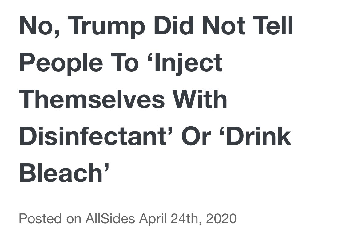 1) DenyWebsites such as Breitbart, Daily Wire and AllSides have published fact checks that say Trump didn’t make these comments. These quickly and efficiently stop the narrative and are popular across groups.Breitbart have now changed their piece to be labelled as opinion.