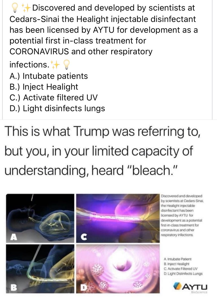 2) ReframeThis strategy finds therapies or treatments that use light or internal antiseptics and claim that is what Trump meant.The idea behind this strategy is to say that the science behind Trump’s remarks is real while simultaneously shaming people who didn’t understand.