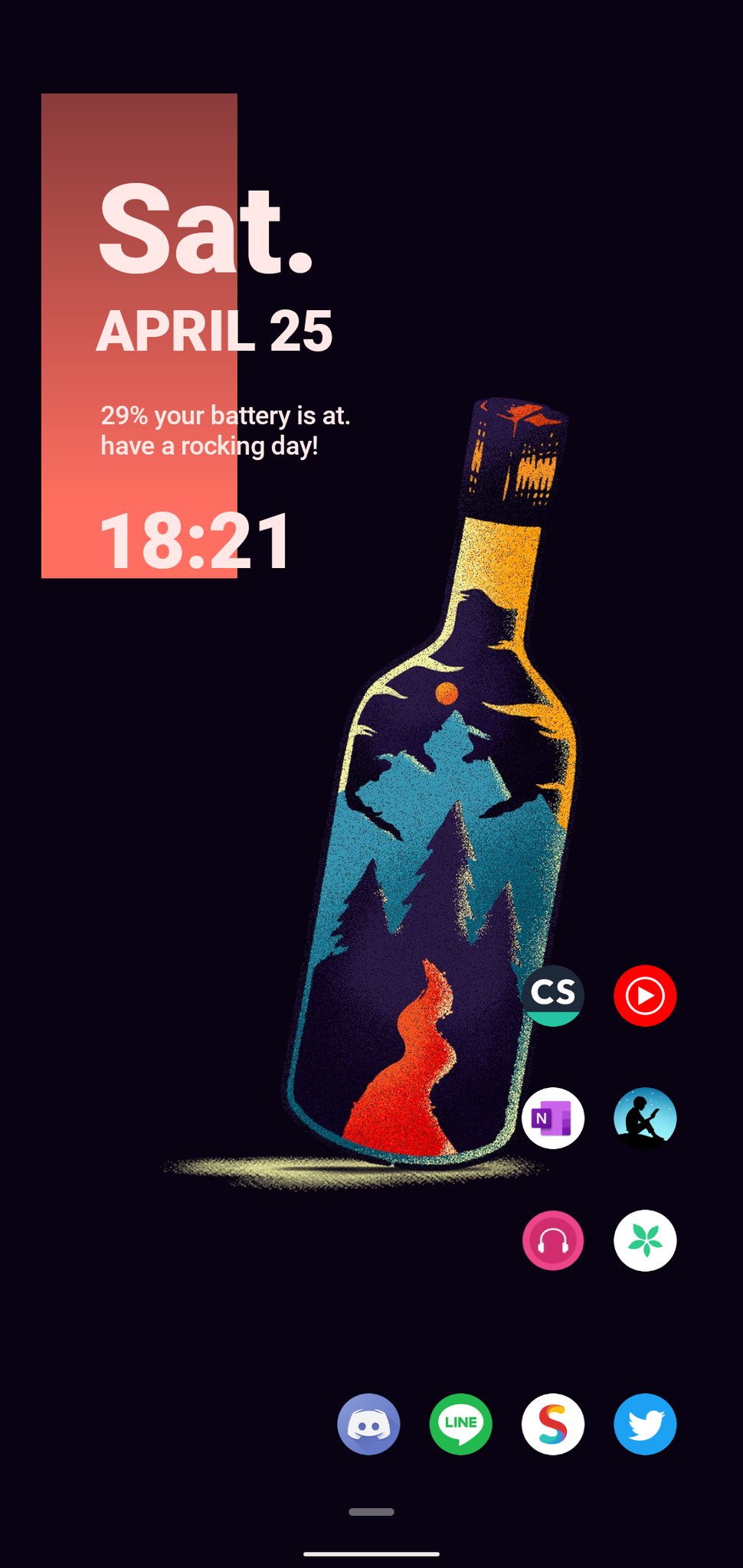 イチ フシギ製作所 ホームアプリは Microsoft Launcher を使ってます 時計の部分は Kwgt ってウィジェットの制御アプリ 壁紙は Walli ってアプリを使ってて 時間で切り替わるように設定できる いろんな人が壁紙を投稿してて おしゃれなんだ