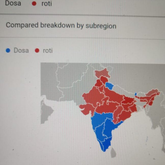 Tried to arrive at the definition of "North Indian" v. "South Indian" through food. Upma v. Khichdi and Dosa v. Roti both came close to giving the result, but somehow Uttarakhand bucked the trend. What's up, Uttarakhand? And why are people in Sikkim belting dosas?