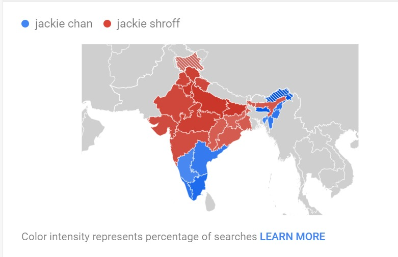 Interest in Bollywood could be a measure? What better terms to compare than Jackie Chan and Jackie Shroff. South India joins the North East in preference here