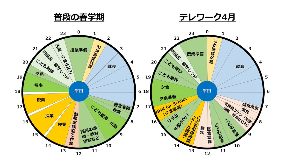 大学教員の1日を円グラフにした（「論文執筆など」とあるけれど、ほとんど論文の査読しかできていない…）。
