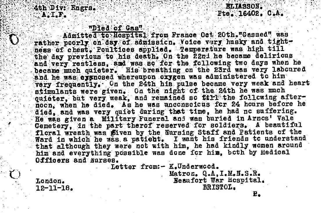 He died of gas poisoning on 25 October, and was buried at Soldier's Corner 31 October 1918. This is the letter written by Kate Underwood, Queen Alexandra's Imperial Military Nursing Service, matron of the hospital, to the Red Cross. I find it very moving.