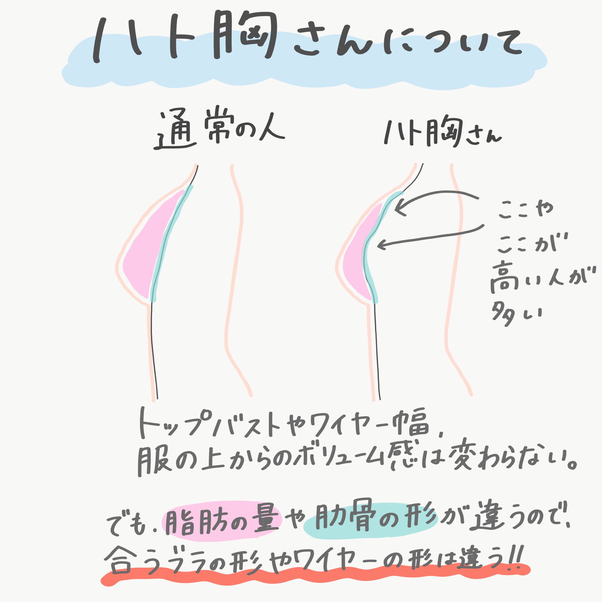 ちーちょろす 下着の魔法使い 鳩胸さんについて説明するのすごく難しいんですが 要はこういうことなんですよ ワイヤーの幅もボリューム感もあるからブラのサイズは大きいけど 脱いだ時のボリューム感 脂肪 は少なくて小さく見える そして離れ乳に