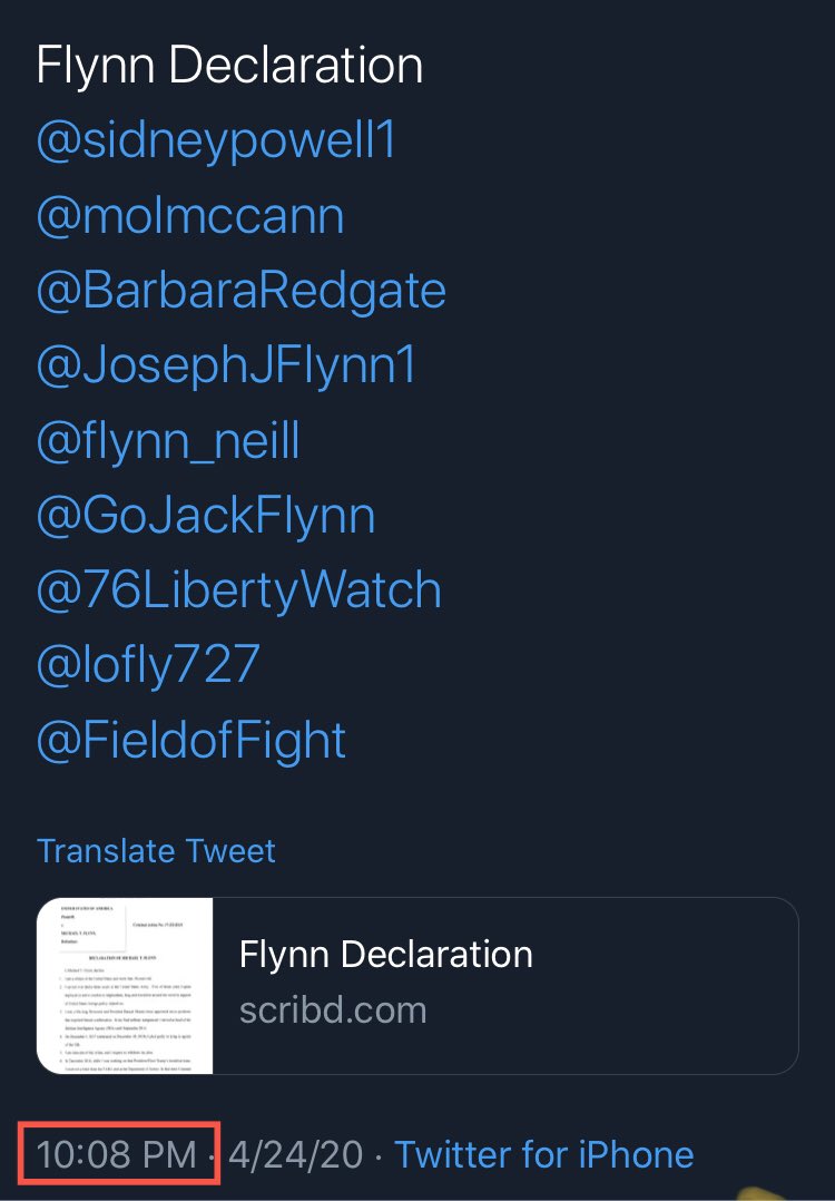 10:08 time stamp on  @GenFlynn tweetQ1008 Flynn is safe  https://twitter.com/genflynn/status/1253868533580279809