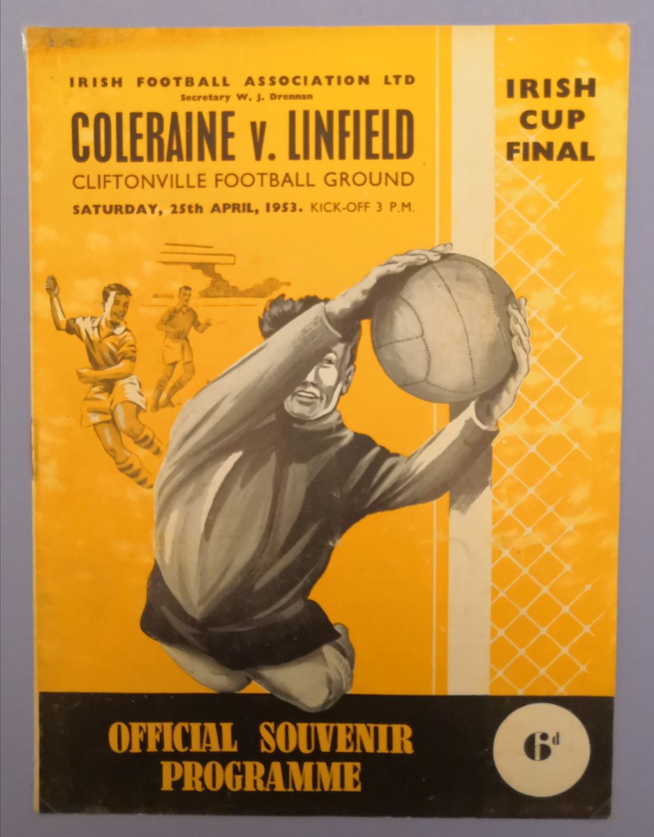 Another day for Irish Cup Final anniversaries . The 1953 & 1964 Cup Finals were played on 25th April.Linfield lifted the Cup in 1953 with a 5-0 win over Coleraine. Shown is the match programme & a trophy awarded to the Coleraine players as runners-up.    1/3