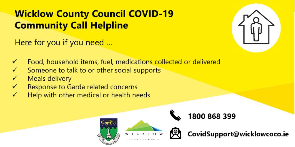 Wicklow County Council’s COVID-19 Community Call Helpline - we are here to help, call us between 8am - 8pm, 7 days a week. 
ow.ly/4sz850z8t3A #Wicklow #CommunityCall #Covid19 #YourCouncil #StaySafe