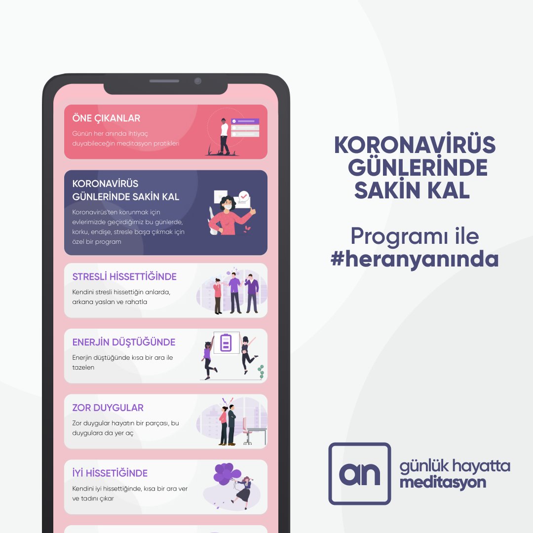 Zor günlerde de AN, #heranyanında...
Günlük ihtiyaçlarına göre meditasyon ve program içeriği devamlı güçlenen an ile #anıntadınıçıkar

ow.ly/3lwH50zicU0

#evdekal #meditasyonyap #meditasyon #covid_19 #sakinkal #sağlıklakal #mindfulness