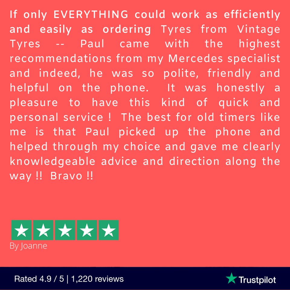 VintageTyre's tweet photo. Joanne has left us a very kind review on Trust Pilot, Thankyou! π
Our phones and Online store is still open, Give us a call to Talk Tyres π
https://t.co/qRsSZYL4hv #vintagetyres #weknowtyres @BicesterH @HagertyUK #goodwood #classiccars https://t.co/o81TLBvpPq