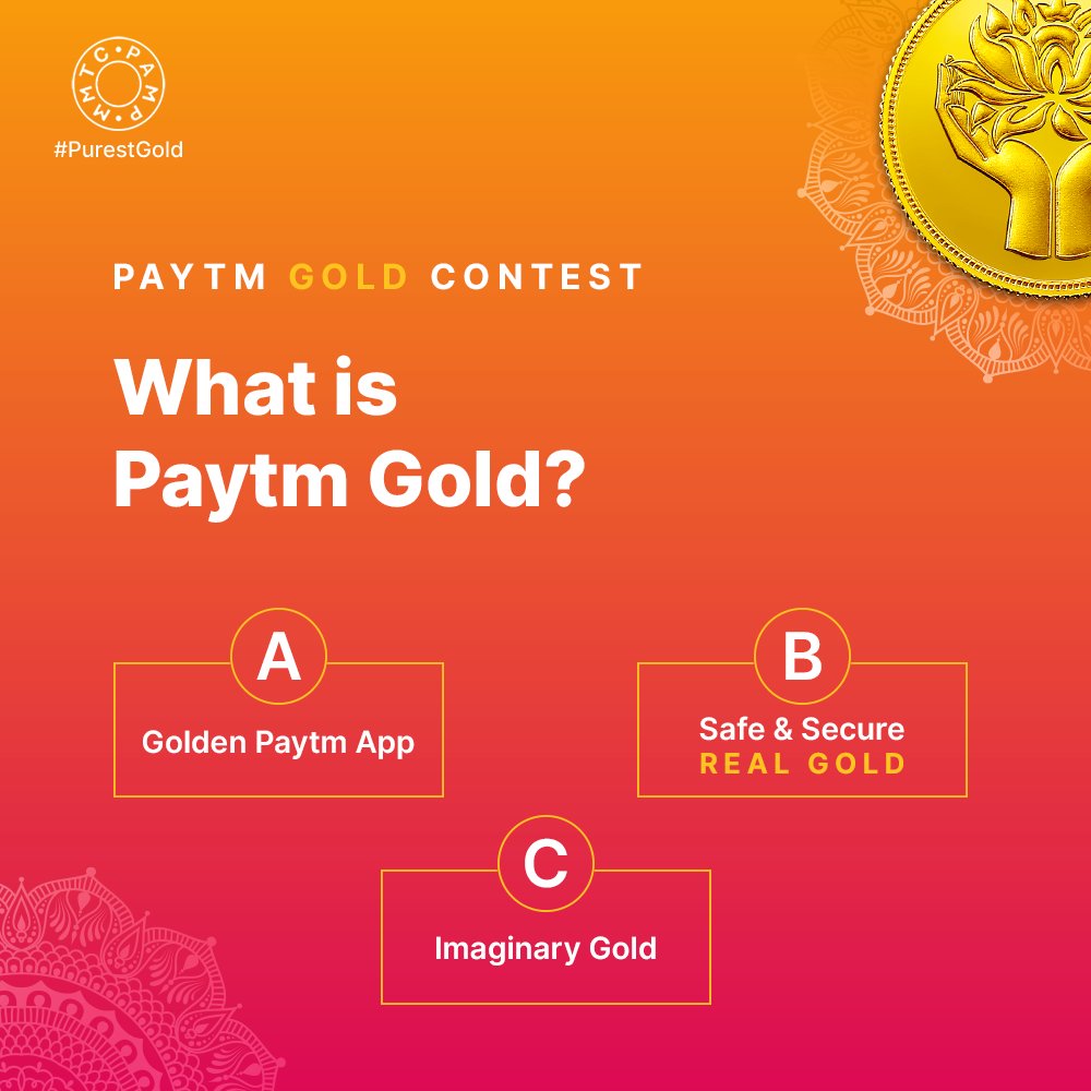 Paytm's tweet image. Time for Question 1 in the #PaytmGold Contest.
Answer → Retweet → Win FREE Paytm Gold Vouchers ✨