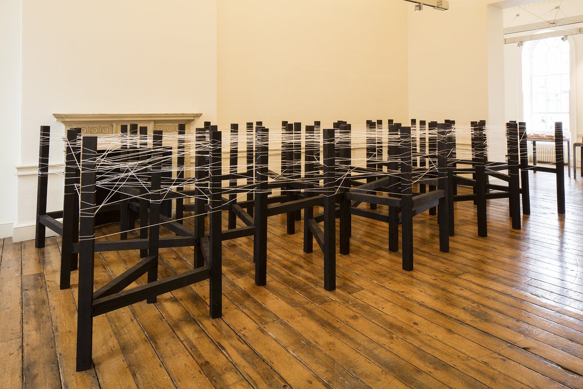 londonbiennale's tweet photo. Tunisia’s installation for #LDB16, Pulse Diagram, reflected on the fragile foundations of so-called utopias. The installation was composed of 54 pylons linked to each other by charred beams, representing the 54 cities in More's Utopia #LDB20 #Design https://t.co/BEPAj7lKi4