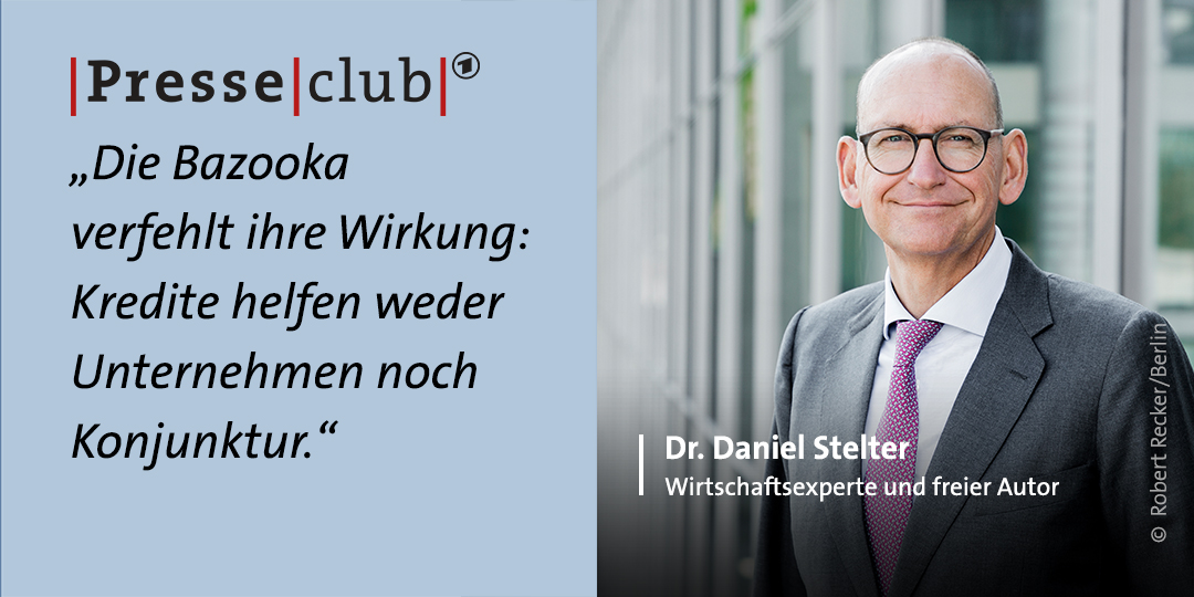 ARD_Presseclub's tweet photo. Nicht kleckern, sondern klotzen – deshalb spricht Bundesfinanzminister Olaf Scholz von der großkalibrigen Bazooka und nicht von Kleinwaffen im Kampf gegen #Covid_19. @thinkBTO überzeugt das nicht. Er meint; die Waffe tauge nichts im Kampf gegen den Wirtschaftskollaps. https://t.co/XHgyNUgbBy