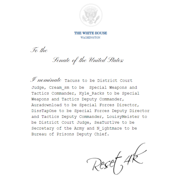 I hereby release and forward the following nominations to the President Pro Tempore @MrTilleriesRBX and the Vice President @TechnozoRBLX. 🇺🇸