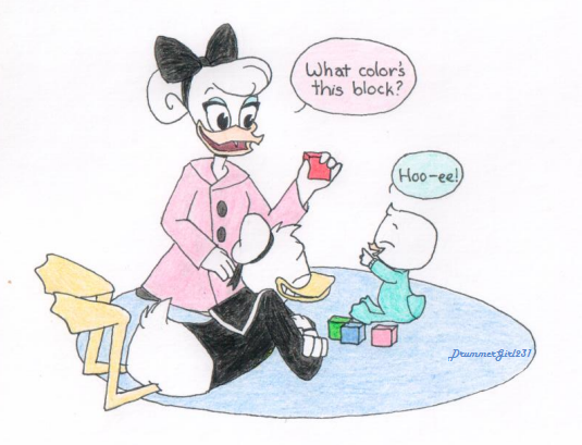 DG231_2's tweet photo. I have this idea Junior would confuse the names of colors with the names of his color-coded cousins at first. Anyway @DuckTales has the best Donald and the best Daisy and therefore the best Donsy ship and I want them to get married and have babies. https://t.co/01lf9xCzkt