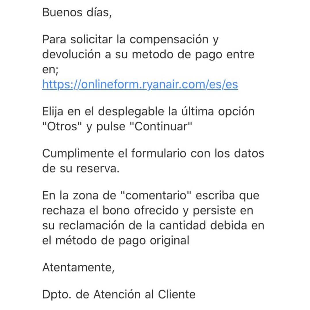 edu_pedregosa's tweet photo. Para todos los estáis reclamando a @Ryanair el reembolso de vuelos cancelados por el COVID-19 y rechazar el bono, os paso las instrucciones que os deberían mandar después de mil horas tratando con un bot. Por suerte, a mi me lo han mandado y me he ahorrado ese paso. Ánimo! https://t.co/4r4MWJ0eDq