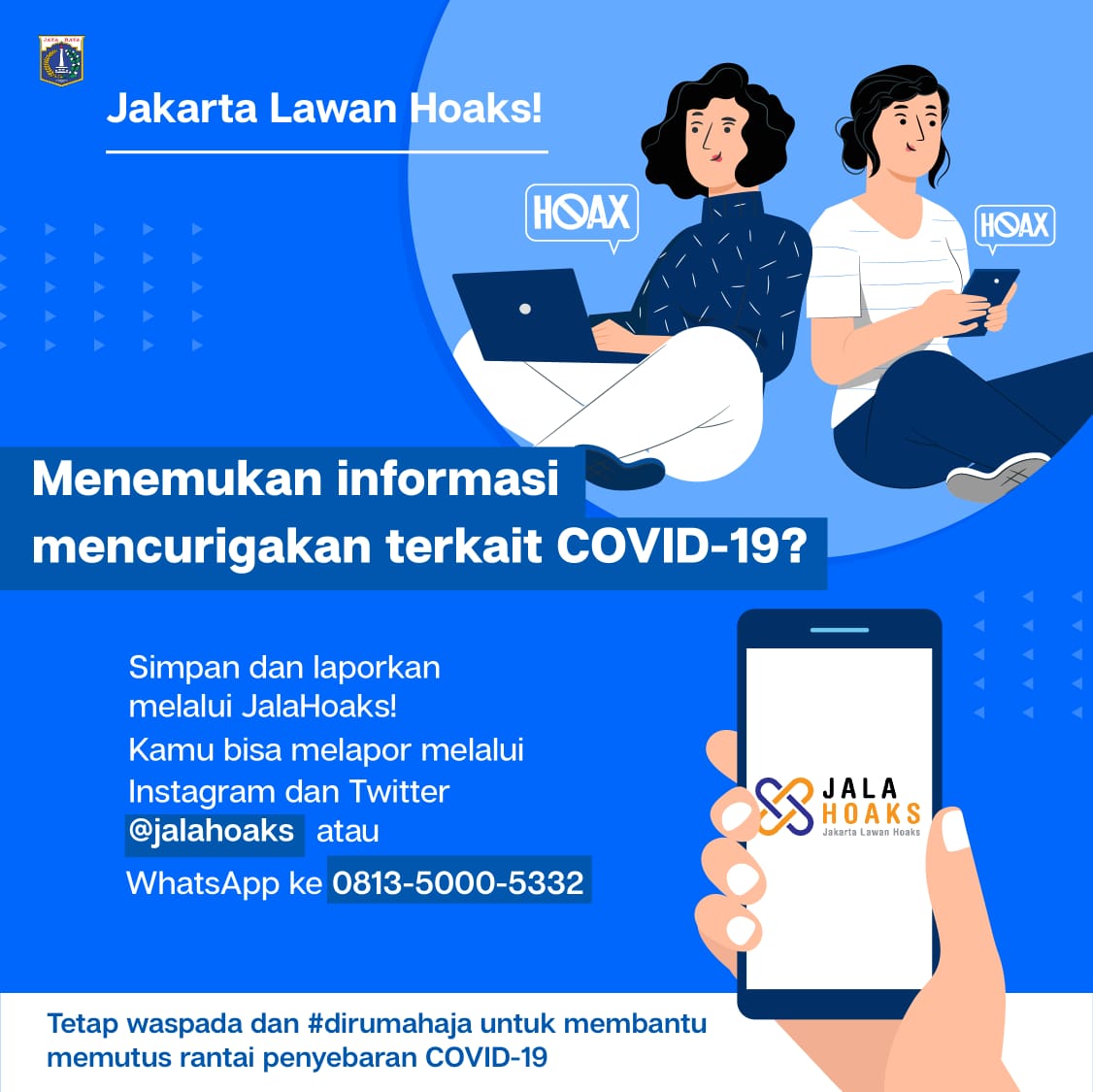 Lima cara mengecek dan mencegah penyebaran hoaks di tengah pandemi:

1. Kenali berita hoaks. Biasanya, pesan tidak menyertakan sumber dan bukti. Judulnya seringkali mengundang sensasi. Perhatikan juga, keaslian web, foto, dan video.
#JalaHoaks #JakartaTanggapCorona #HadapiBersama