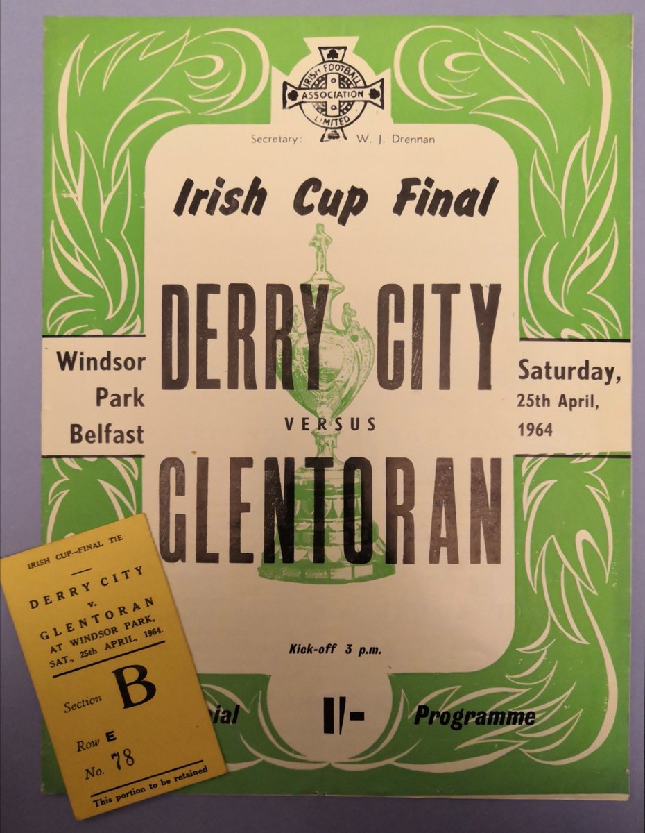 The 1964 Irish Cup was won by Derry City with a 2-0 victory over Glentoran.  This was the 3rd time that Derry won the Irish Cup. On all 3 occasions it was Glentoran who they beat in the final! Shown is the match programme, ticket & photos of the Derry team +match action 3/3