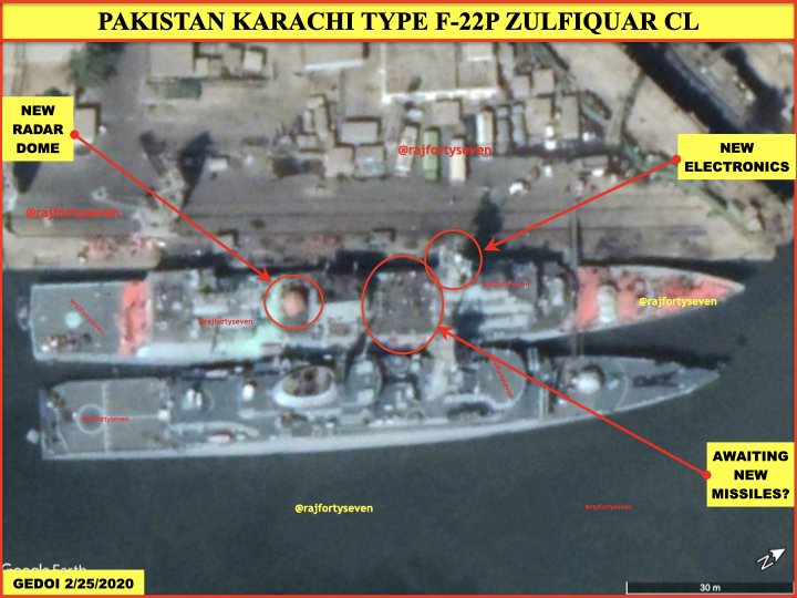 rajfortyseven's tweet photo. #Pakistan #Navy tests #ASM antiship #missile.
Target #Type21 #Tariq cl rumoured tobe #PNSTipuSultan.
#TypeF22P #Zulfiquar cl fired missile.
Satellite images reveal new electronics,weapon systems&radomes fitted on all #F22P in last 6 months.
Stripped down #Type21 seen at #Karachi. https://t.co/HE4aHQ4GE2