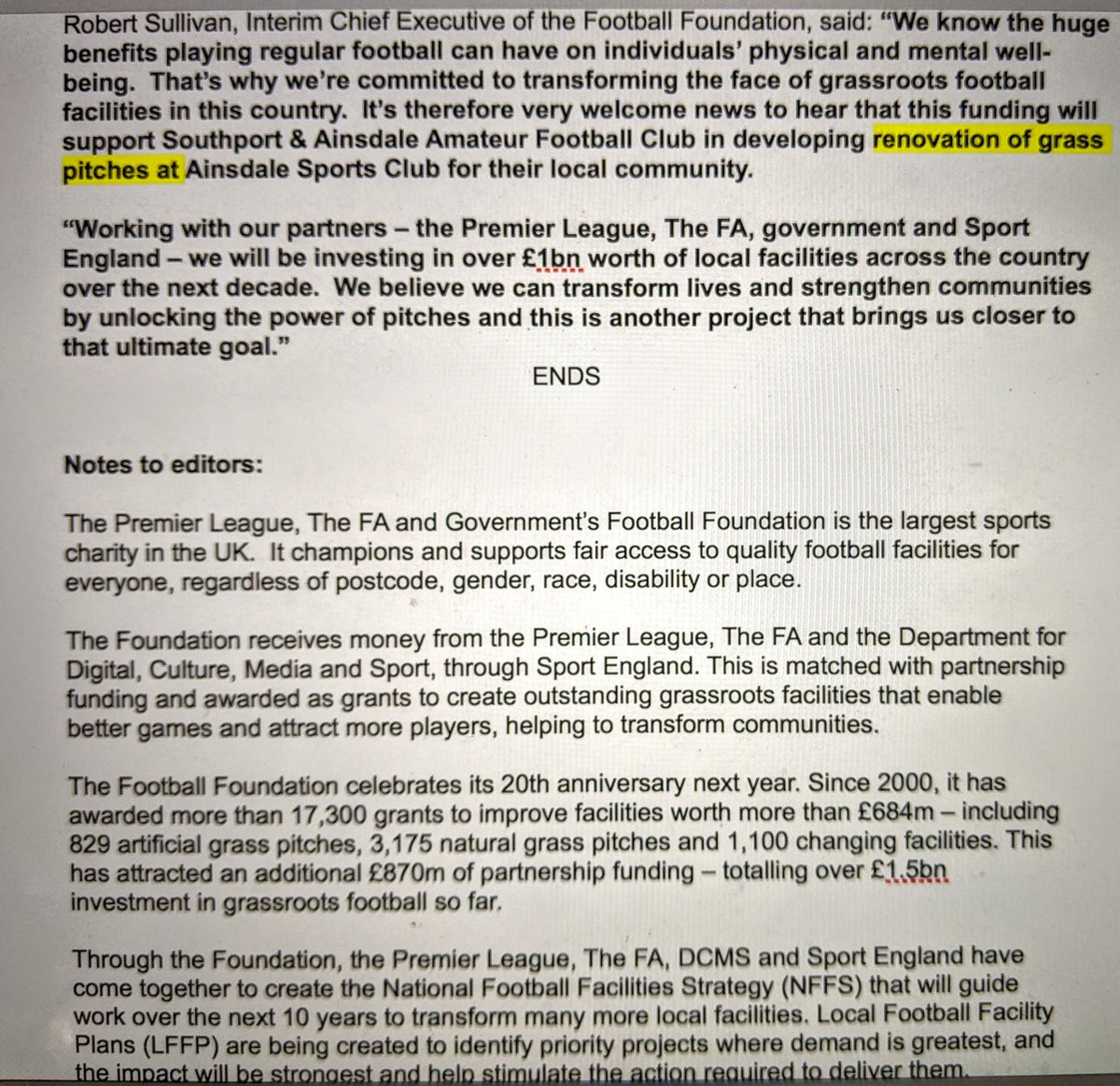 We have a brilliant news to announce. We have been awarded a grant of £29,816 over 6 years from the <a href="/FootballFoundtn/">Football Foundation</a> with <a href="/LancashireFA/">Lancashire FA</a> for pitch renovations at the <a href="/AinsdaleCC/">Old Handle</a> <a href="/TheAinsdaleClub/">The Ainsdale Club</a>