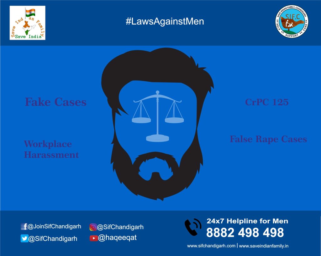 sifchandigarh's tweet photo. #MisuseOfLaws &amp; #FakeCases has destroyed the lives of 1000s of INNOCENT men !!
No proof, no witness &amp; no medical required...just 1 complaint &amp; man will be jailed..
A lie from a woman is truth until proven otherwise and truth from a man is a lie until proven otherwise.
#MenToo https://t.co/5KFdRogxJ1