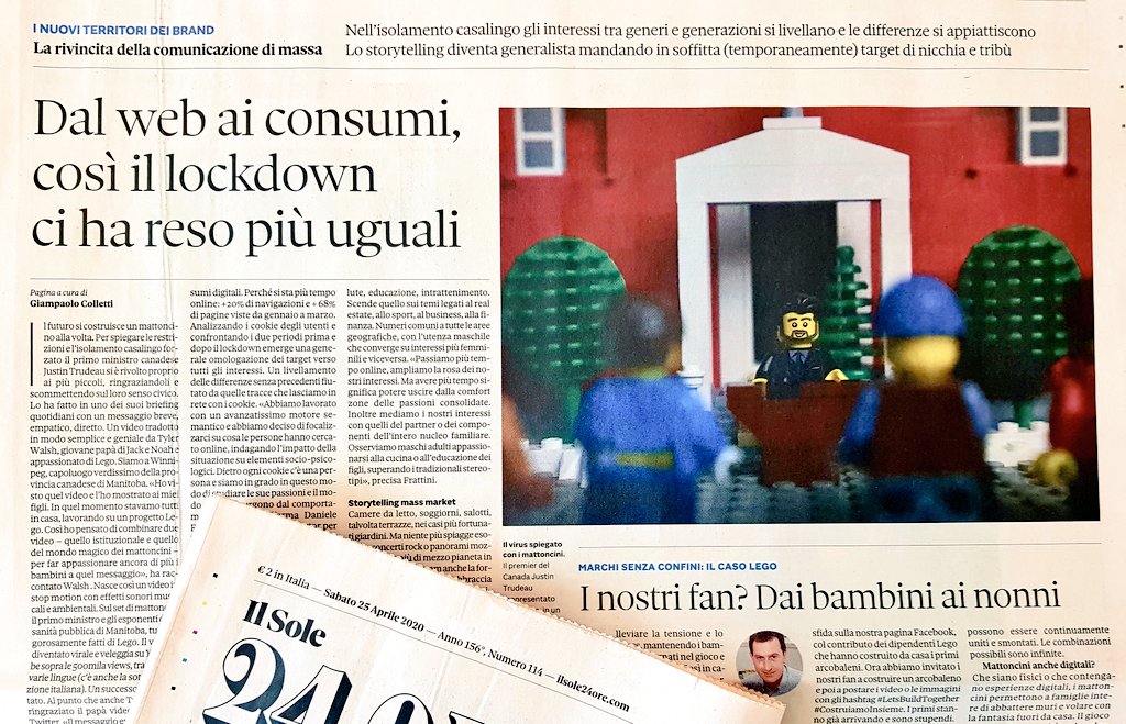 gpcolletti's tweet photo. Il futuro si costruisce un mattoncino alla volta. Dal video in stop motion con Trudeau che parla ai bambini nel mondo Lego ai consumi familiari condivisi. Nell'isolamento le differenze si appiattiscono e le tribù vanno in soffitta. Ne scrivo sul @sole24ore #marketing #25aprile https://t.co/9N1W0ULE2D